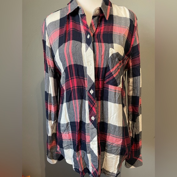 Rails Hunter Plaid Button Down Shirt –White/Indigo/Blush Soft Buttery Rayon - Picture 3 of 11